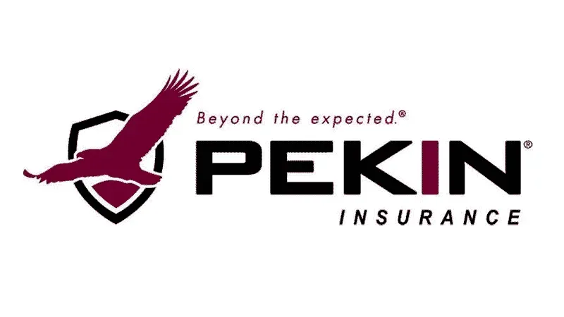 Pekin Insurance logo: burgundy bird soaring over a shield with