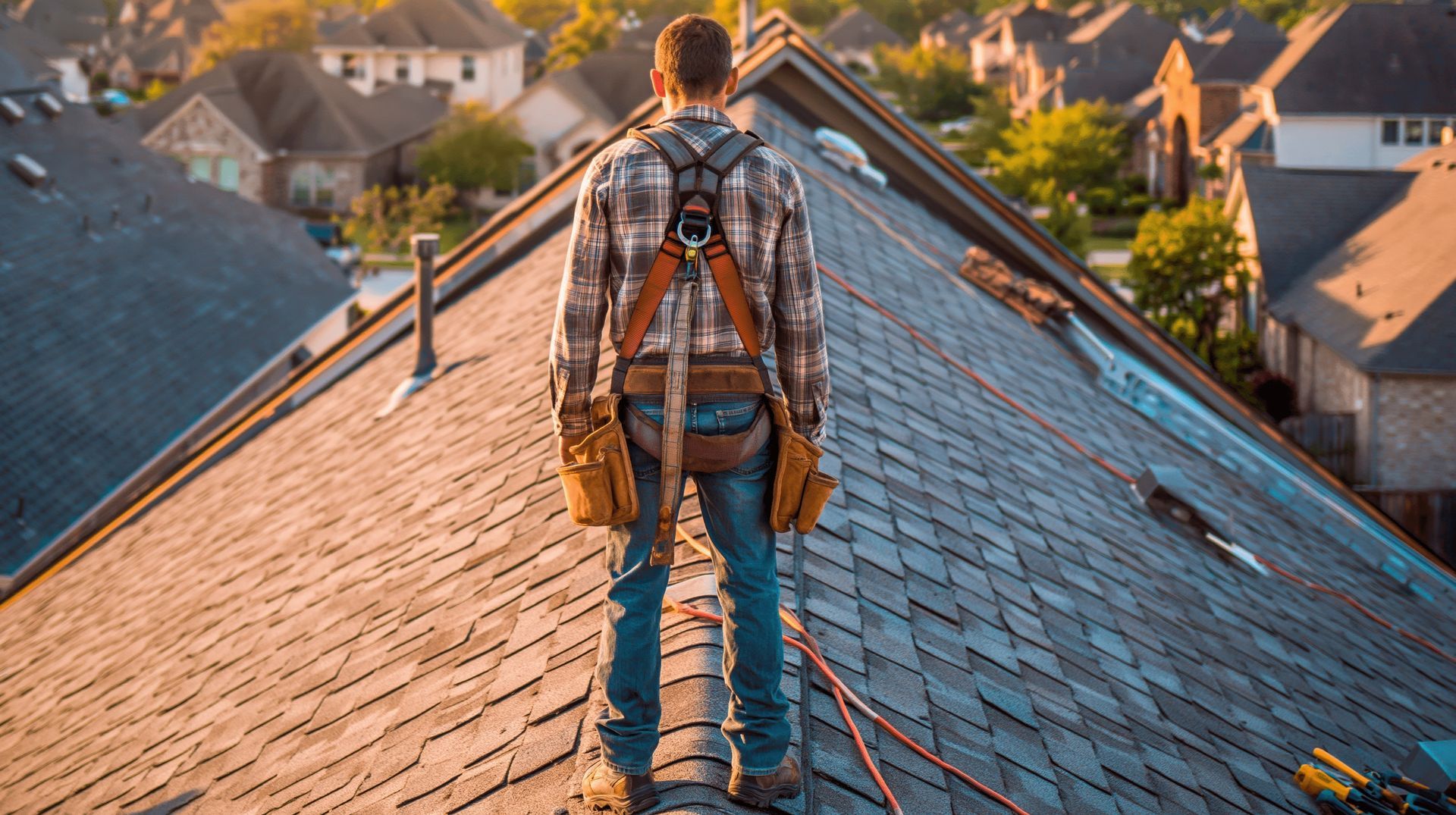 Roofer wearing safety harness inspects residential roof shingles during golden hour sunlight Roofer wearing safety harness inspects residential roof shingles during golden hour sunlight