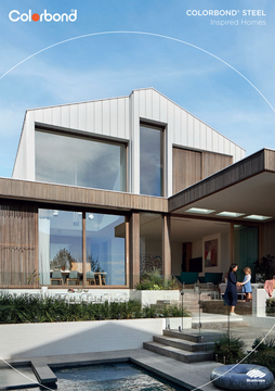 Modern house with light-colored panels, large windows, and a family on the patio. Pool and blue sky visible. Modern house with light-colored panels, large windows, and a family on the patio. Pool and blue sky visible.