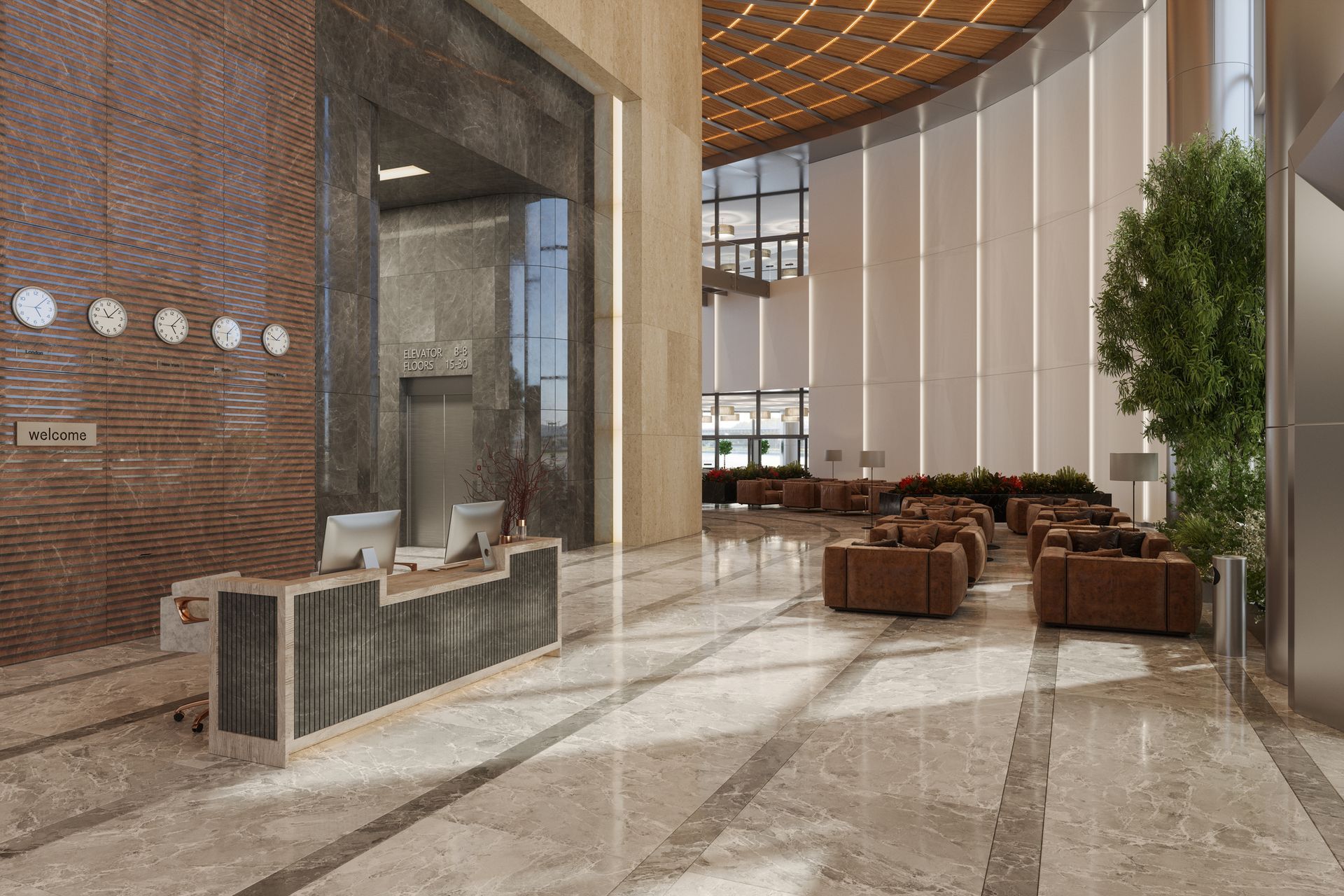 An artist 's impression of a hotel lobby with a reception desk and chairs.