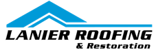 Lanier Roofing & Restoration logo with blue roof icon and black text
