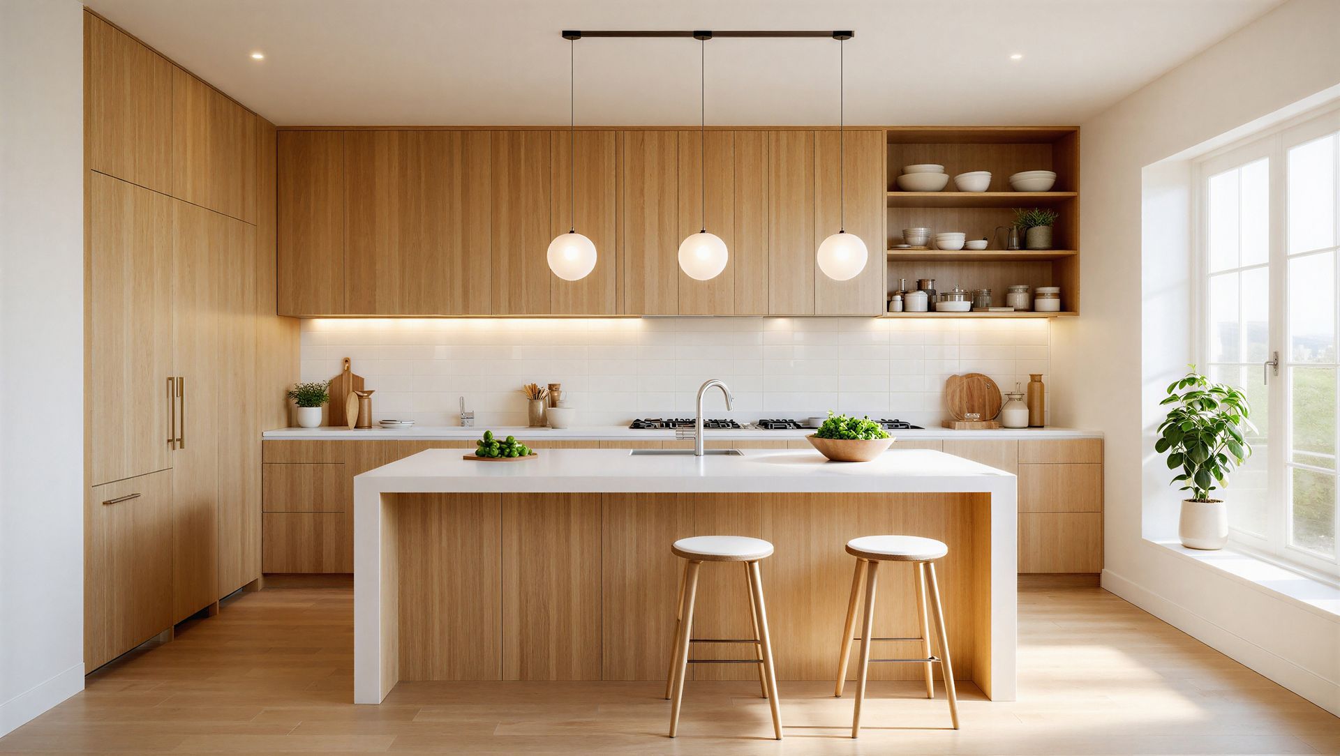 White kitchen cabinets with silver handles and drawers.