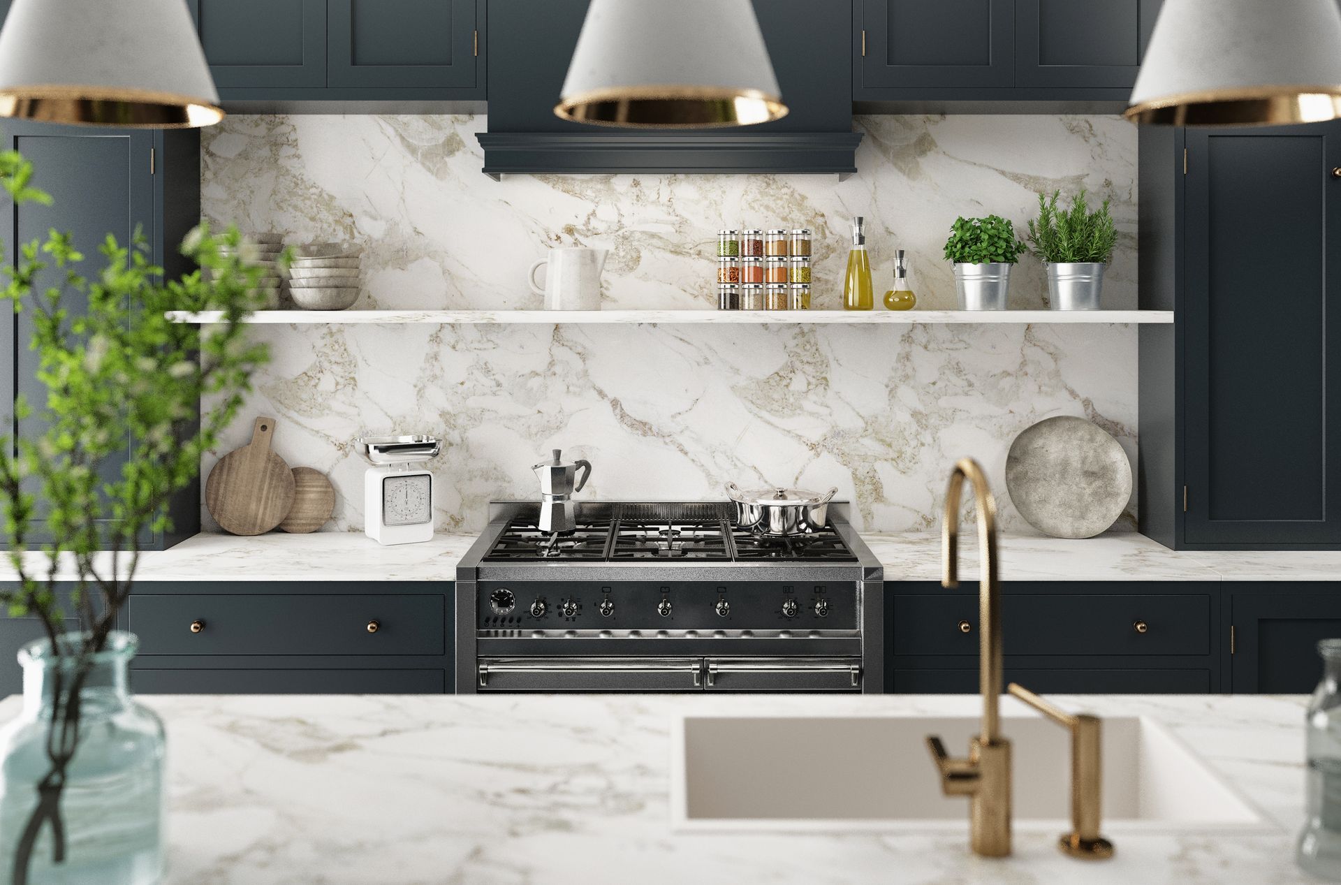 Modern kitchen with dark cabinets, marble backsplash, stainless stove, and brass fixtures.