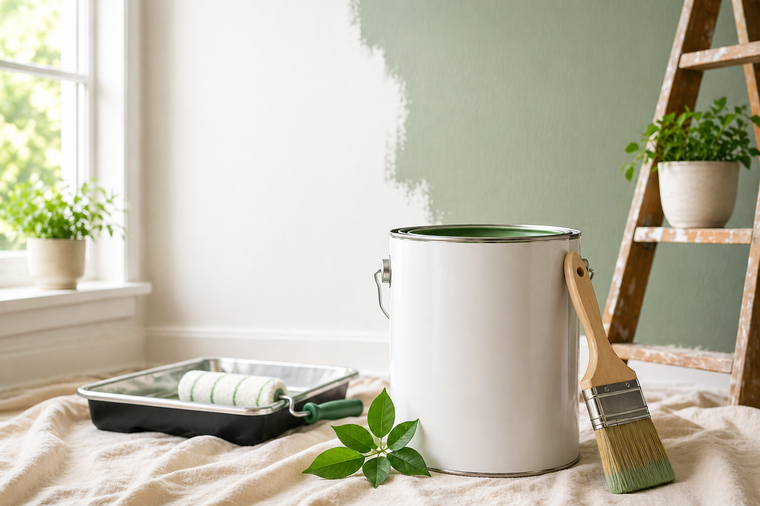 Low-VOC paint supplies in a bright spring interior