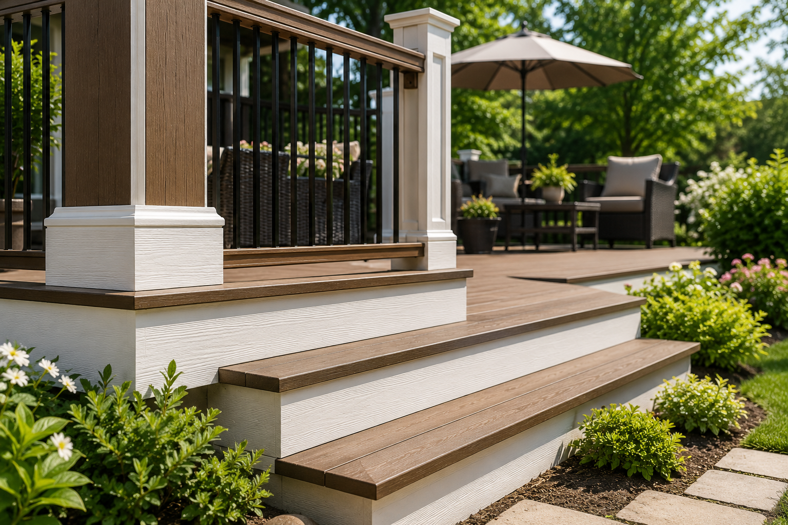 Deck with freshly painted white trim and brown wood steps in a landscaped backyard in Janesville, WI