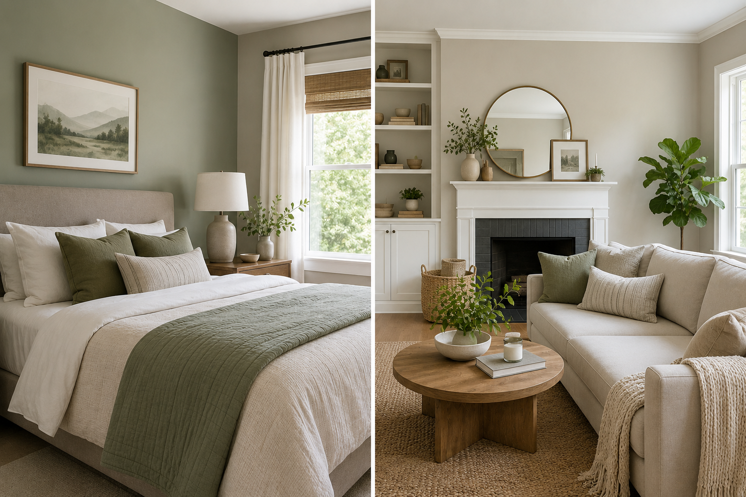 Calming bedroom and living room with soft sage green walls and warm neutral decor