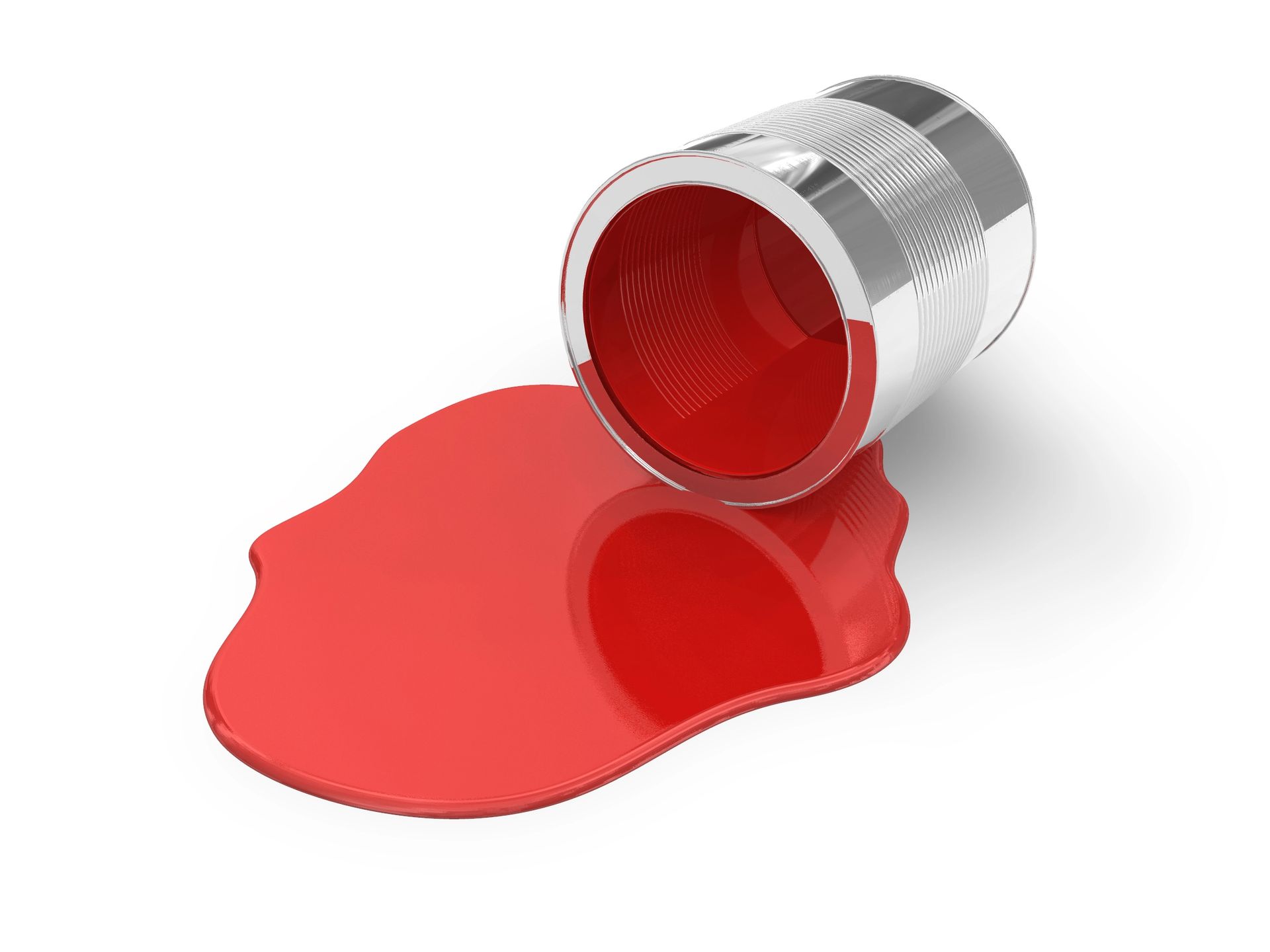 A red paint can tipped over, spilling red paint onto a white surface.
