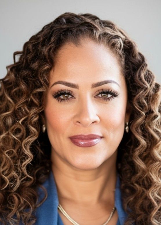 Portrait of a woman with curly hair, blue top, and a neutral expression against a soft gray background