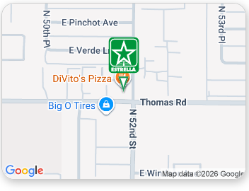 Google map showing a green star marker near Thomas Rd, DiVito’s Pizza, and Big O Tires