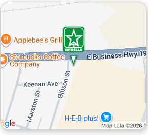 Map with green Estrella location pin near Applebee’s, Starbucks, and H-E-B on Business Hwy 19 and Gibson St.