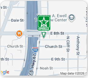 Map showing a green Estrella marker near E 8th St and S. Hwy 67, with nearby church streets.