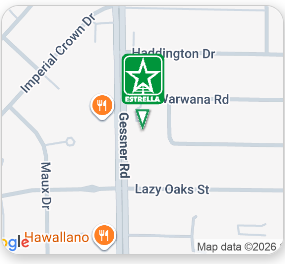 Map showing Estrella Warwana Rd near Gessner Rd and Lazy Oaks St, with a green location marker