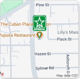 Map view centered on an Esrella store marker near Pine St, Hazel St, and Sylmar Rd.