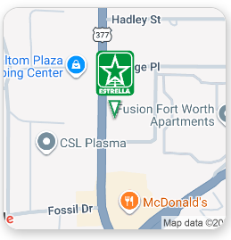 Map showing a green star marker for Estrella near Hadley St, Fort Worth, with nearby businesses.