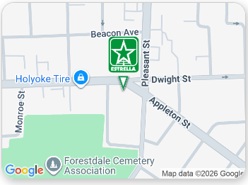 Map showing a green Star Dental pin near Beacon Ave, Pleasant St, and Dwight St in Holyoke.