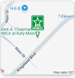 Map with green Starbucks pin near H-E-B, 7-Eleven, and Main St/Kingsland Blvd in Katy, Texas