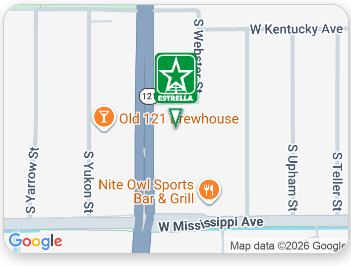 Google Maps view of Old 121 Brewhouse near W Kentucky Ave and W Mississippi Ave, with nearby streets marked