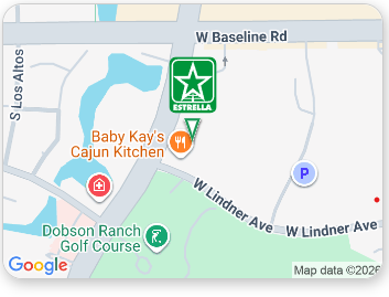 Map showing a green Estrella marker near W Baseline Rd and W Lindner Ave by Baby Kay’s Cajun Kitchen.