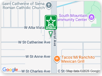 Map showing South Mountain Community Center and nearby churches and streets, with a green Star marker on W Alta Vista Ave