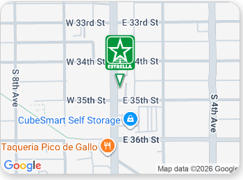 Google Maps-style city map centered on a green Starbucks marker near W 34th and E 34th Sts.