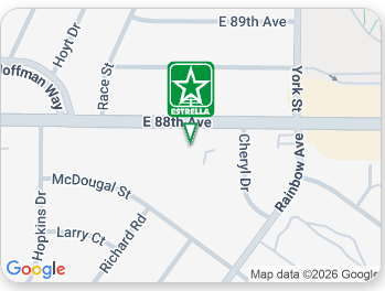 Map centered on E 88th Ave and York St with an Estrella marker in the middle