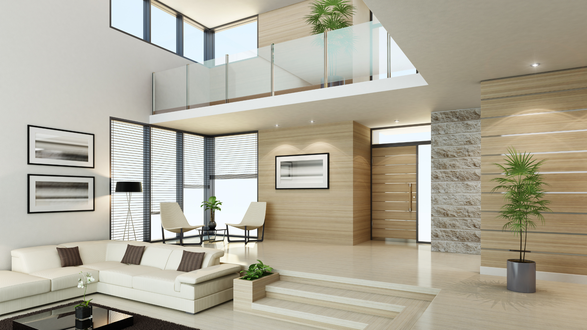 Modern bright living room with white furniture, wooden accents, large windows, and an open staircase