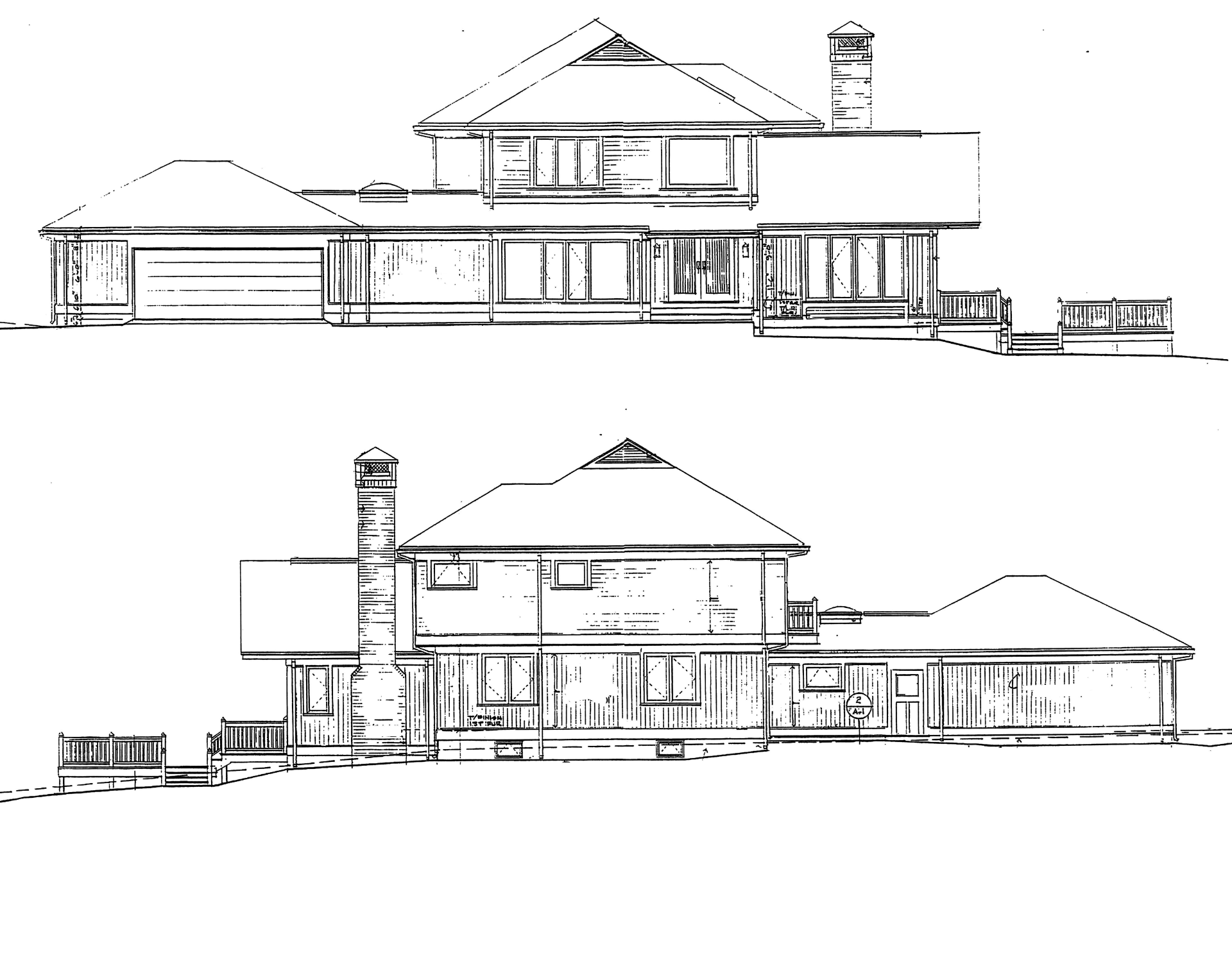 Black-and-white architectural sketch of a house, shown in front and side elevation views.