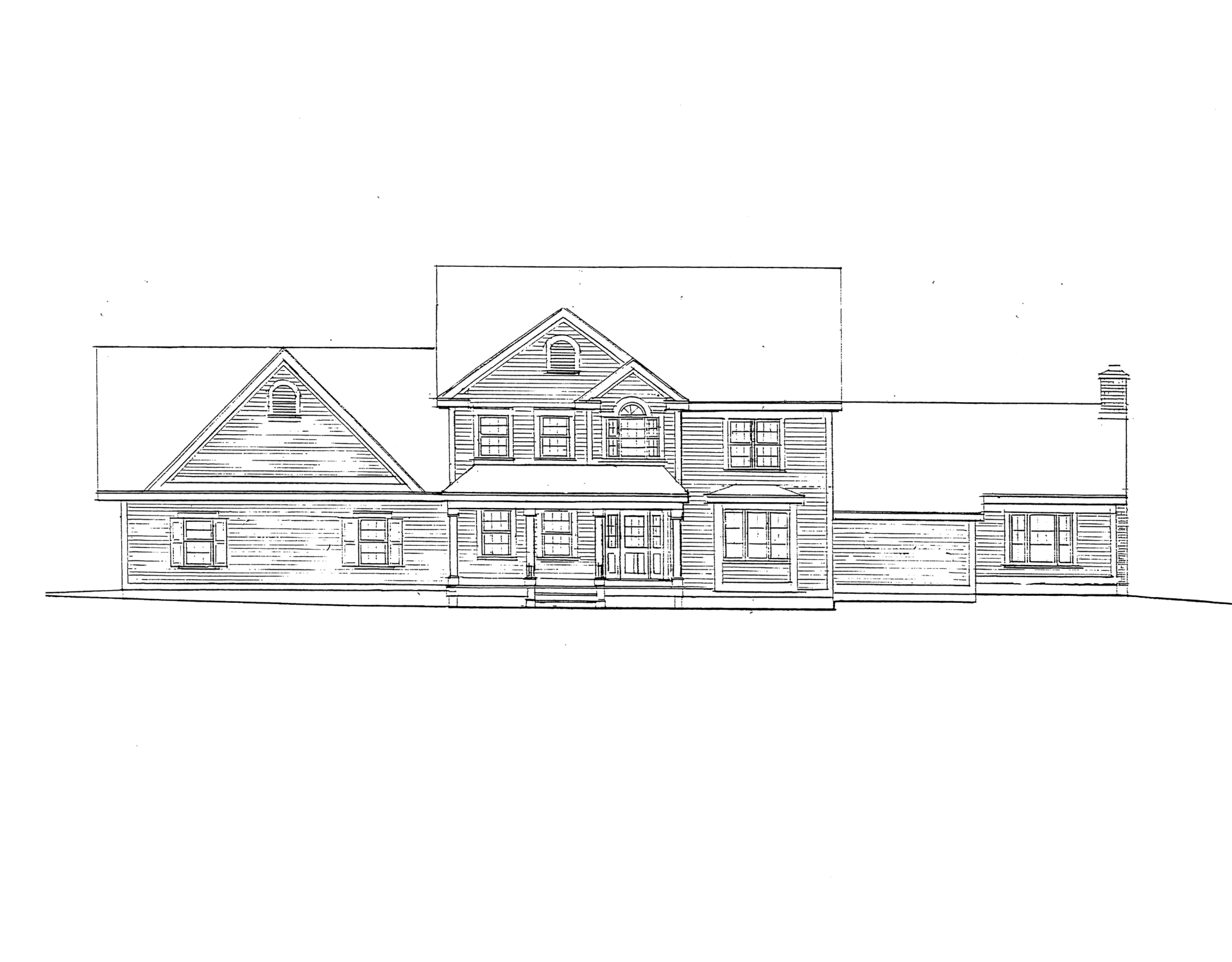 Architectural elevation drawing of a house with multiple gabled roofs and attached garage