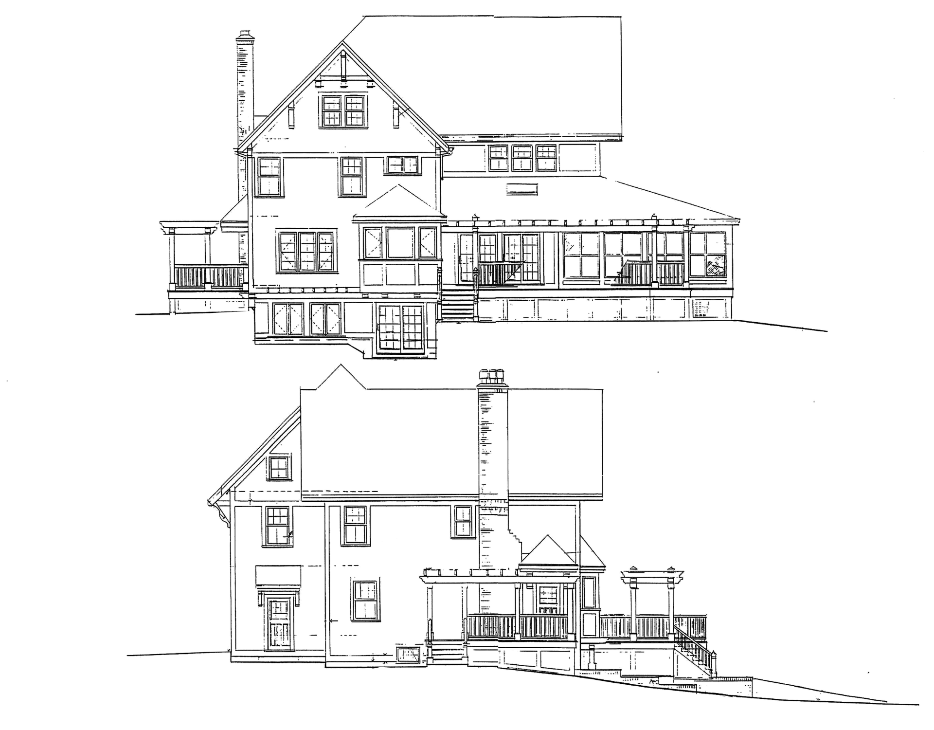 Black-and-white architectural elevation of a multi-story house with attached porch and deck.
