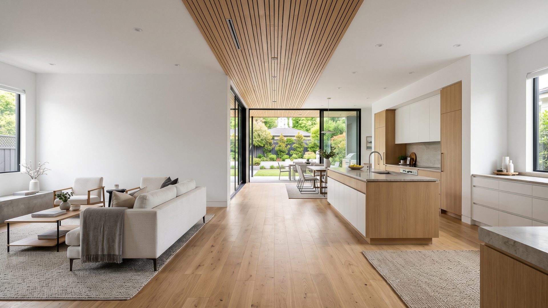 Modern open-plan living room and kitchen with wood floors, white walls, and a large window to a green patio.