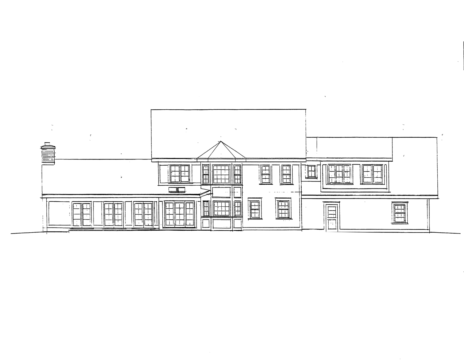 Black-and-white architectural drawing of a two-story building facade with central entrance and side wings