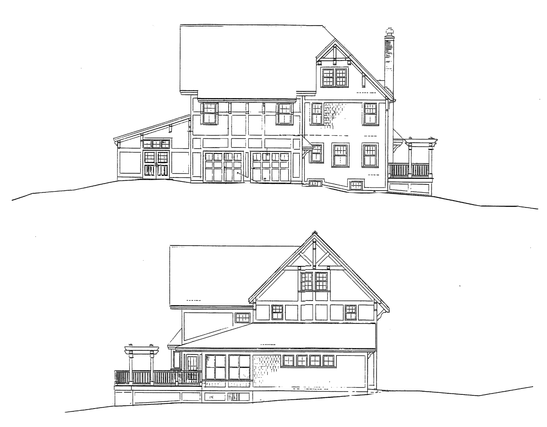 Black-and-white architectural drawing of a two-story house shown in front and side elevations.