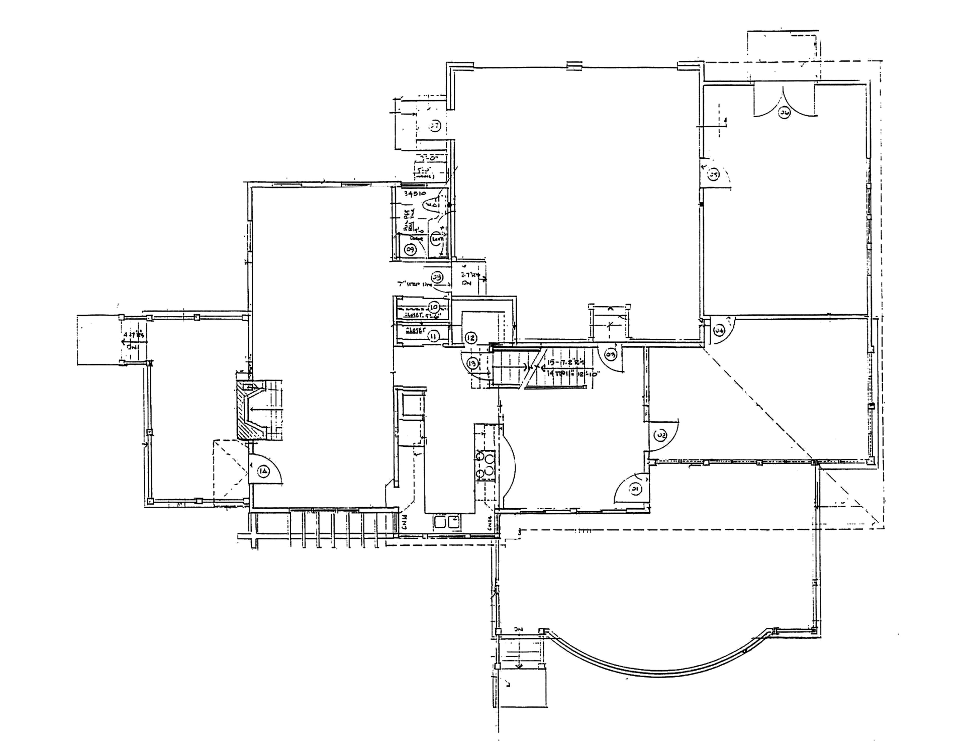 Black-and-white architectural floor plan with multiple rooms and a curved porch area