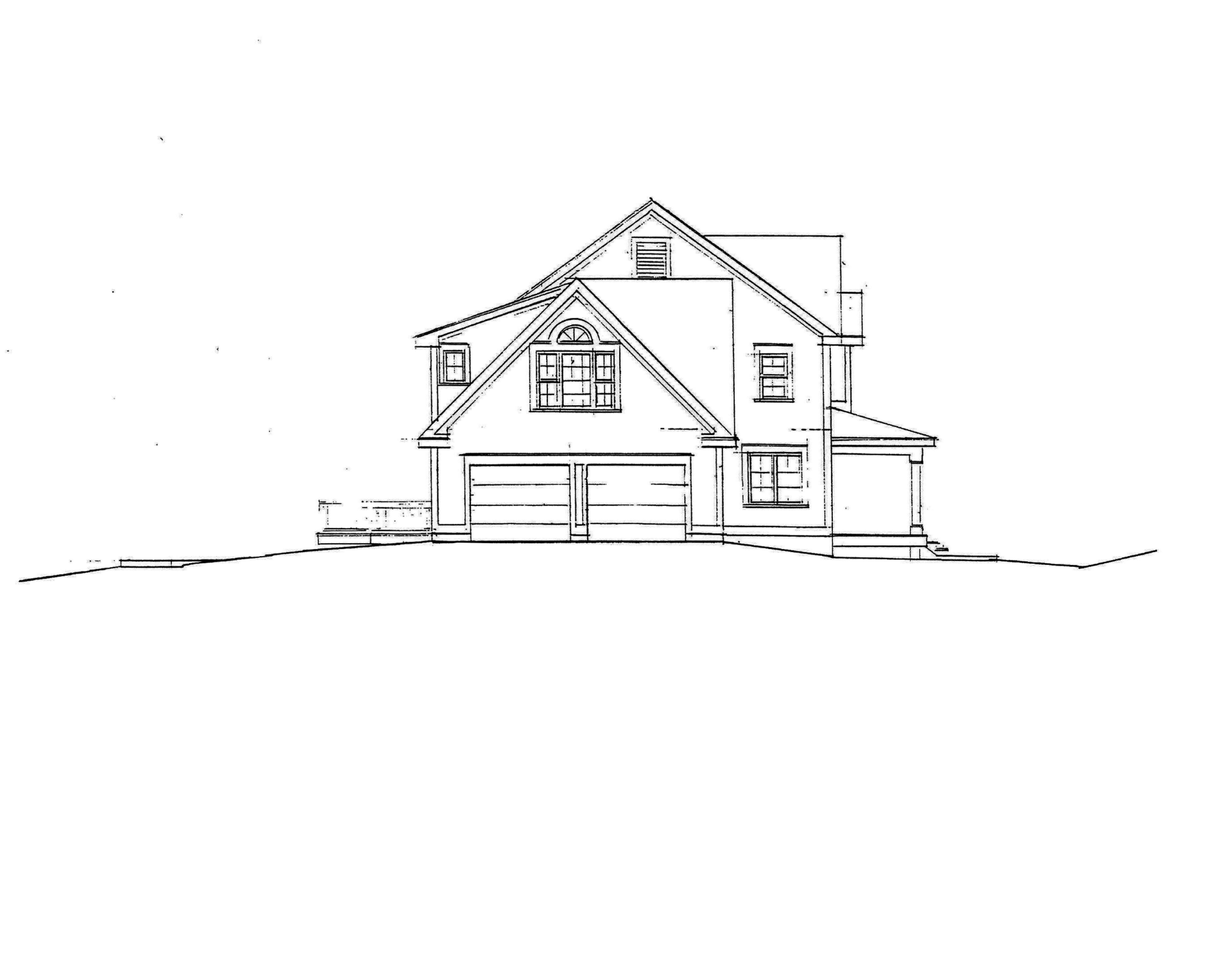 Black-and-white sketch of a house front elevation with garage and windows