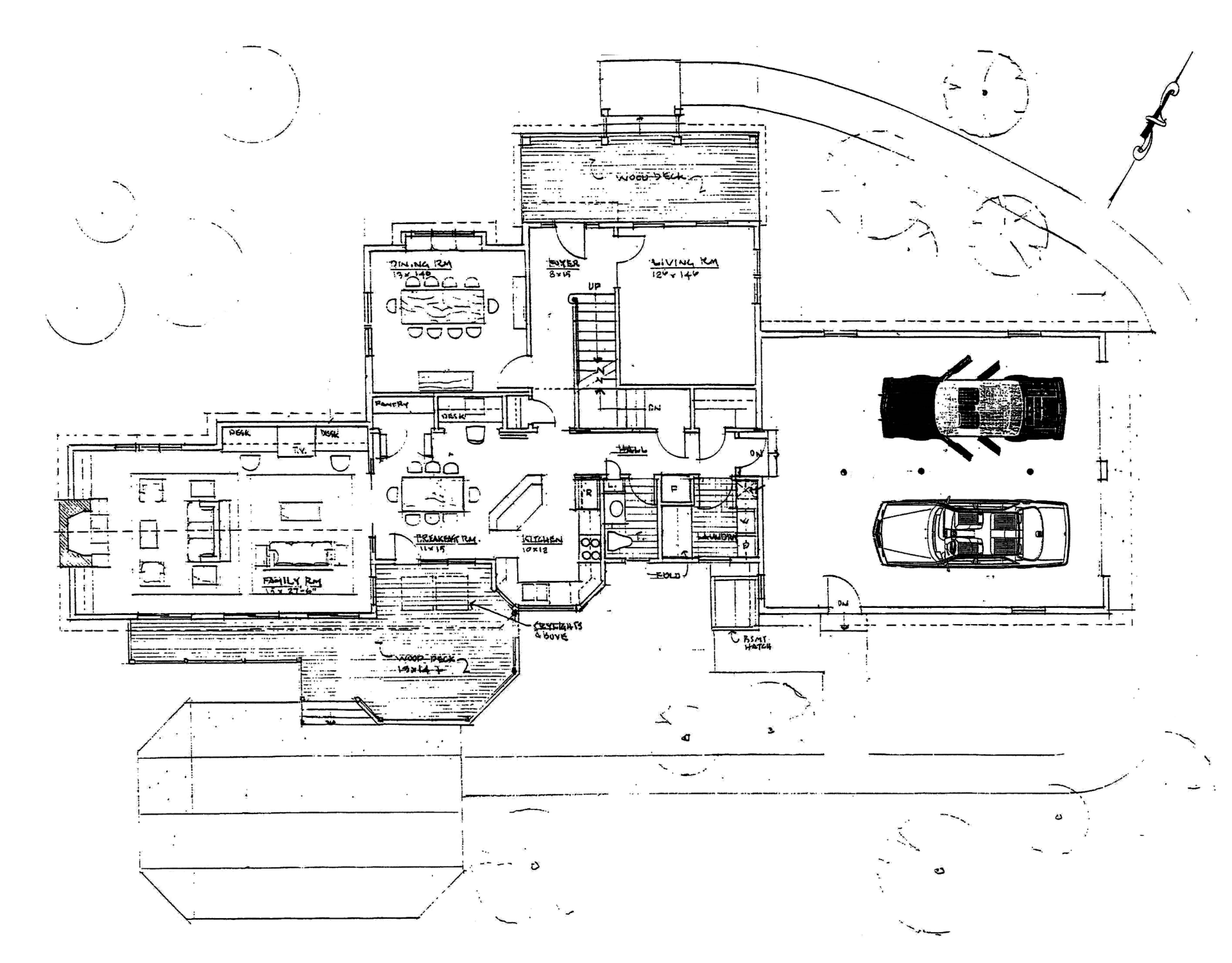 Black-and-white house floor plan with labeled rooms, driveway, and two cars parked outside