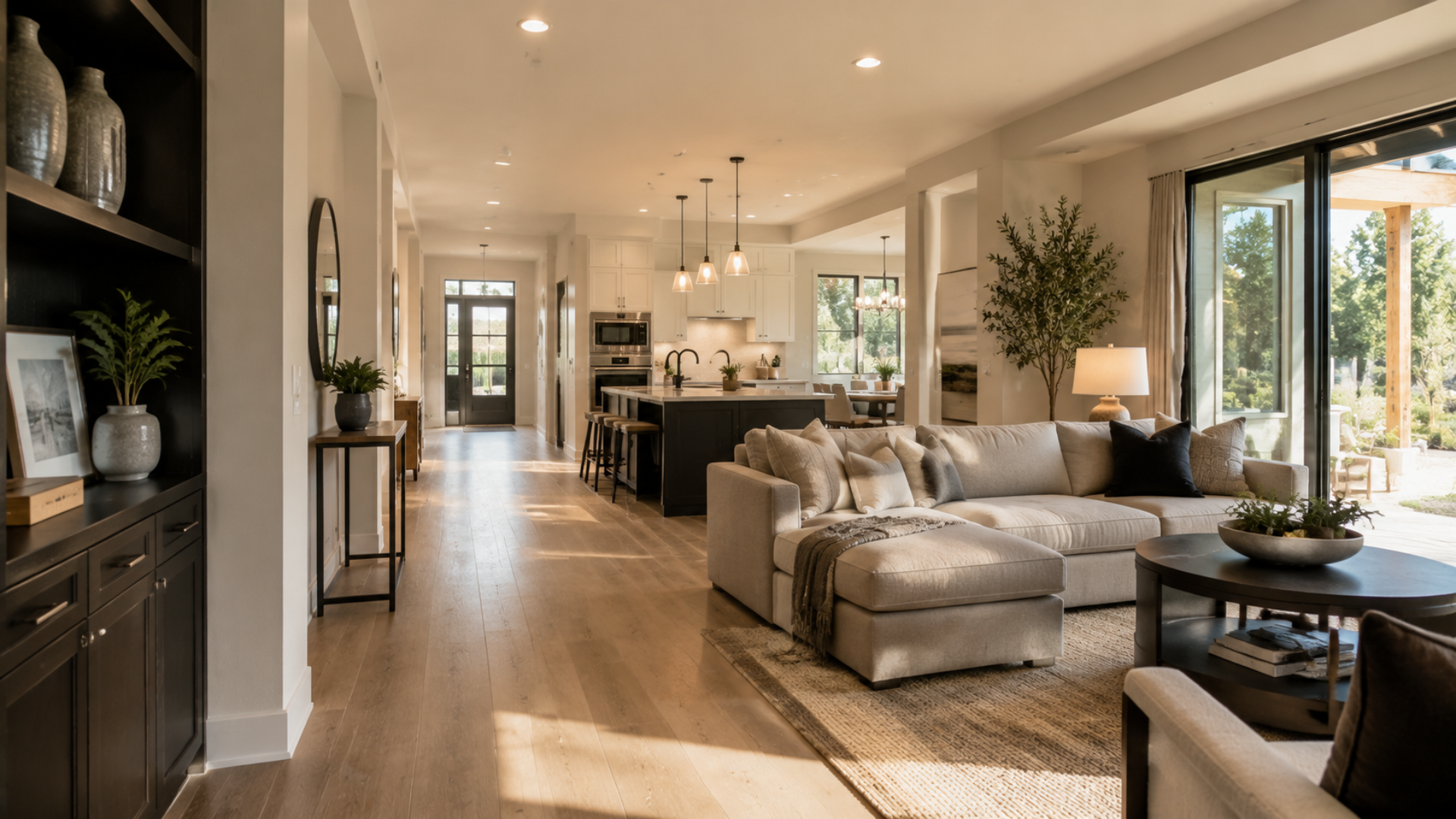 Bright open-plan living room with beige sectional sofa, wood floors, and large windows overlooking greenery