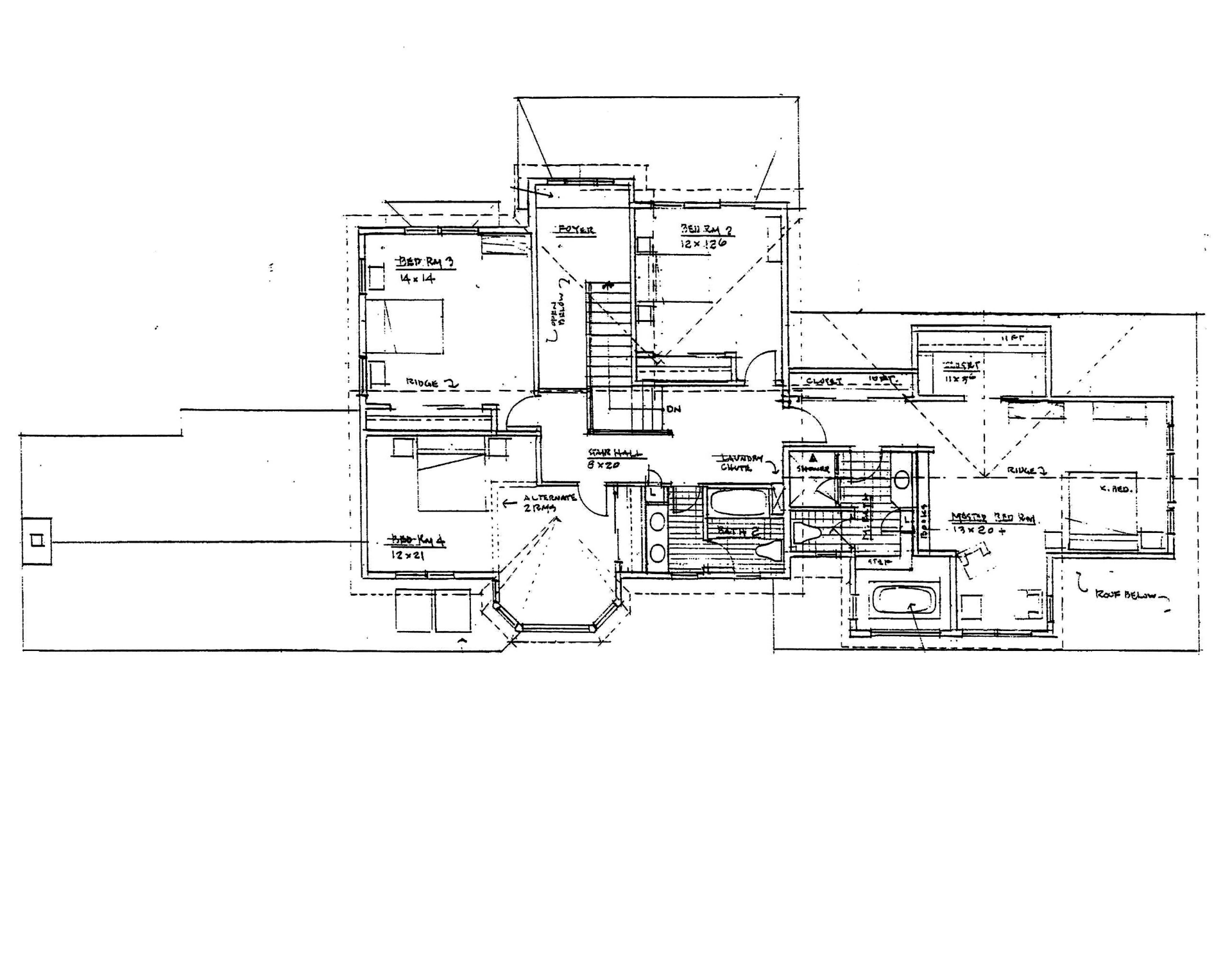 Black-and-white architectural floor plan drawing with multiple rooms and corridors