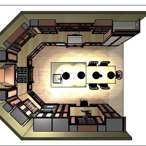 Top-down view of a U-shaped kitchen with wood cabinets and a central island with stools
