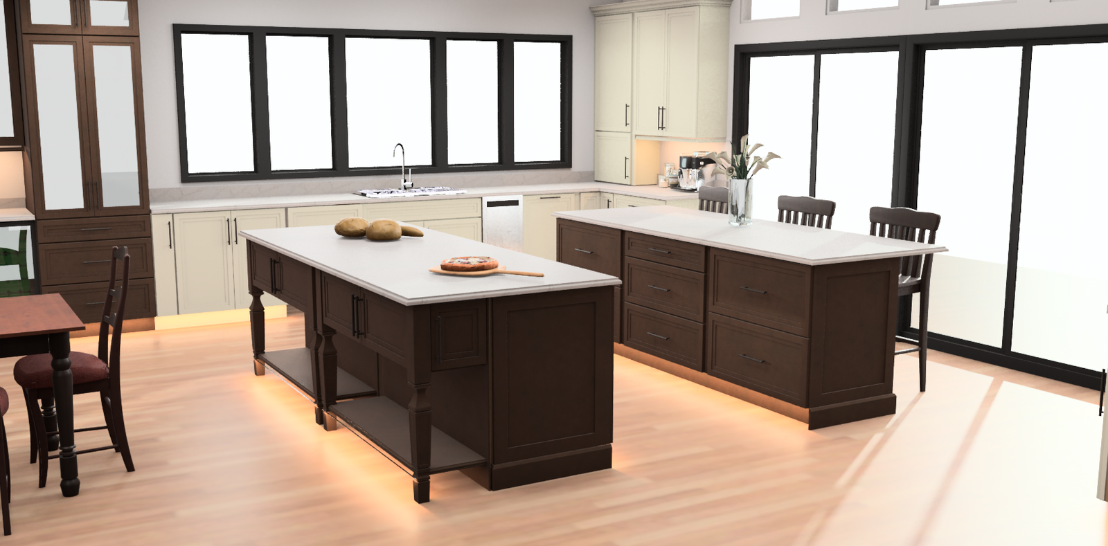 Modern kitchen with dark island, white cabinets, large windows, and light wood floors