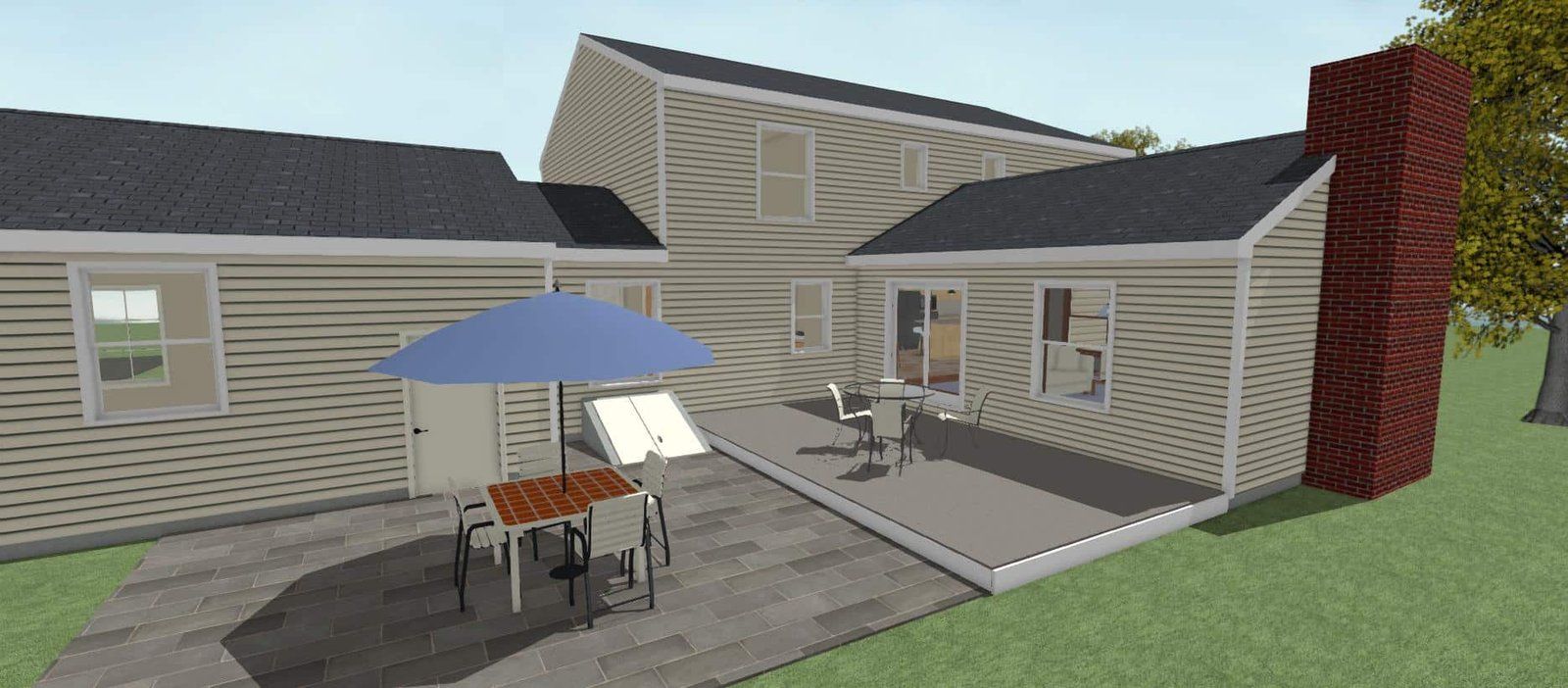 Patio with table and umbrella beside a beige house and red brick chimney