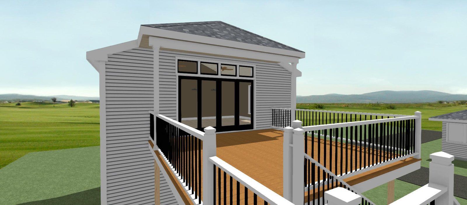 Small white house with a deck and railing in a grassy rural landscape