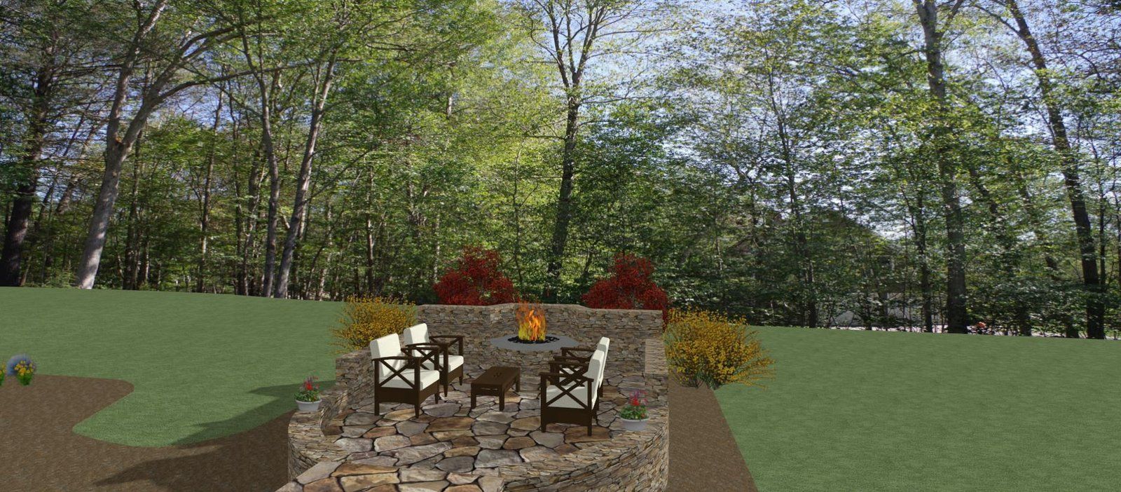 Stone patio with outdoor dining table and chairs in a green wooded yard, centered on a landscaped garden bed.