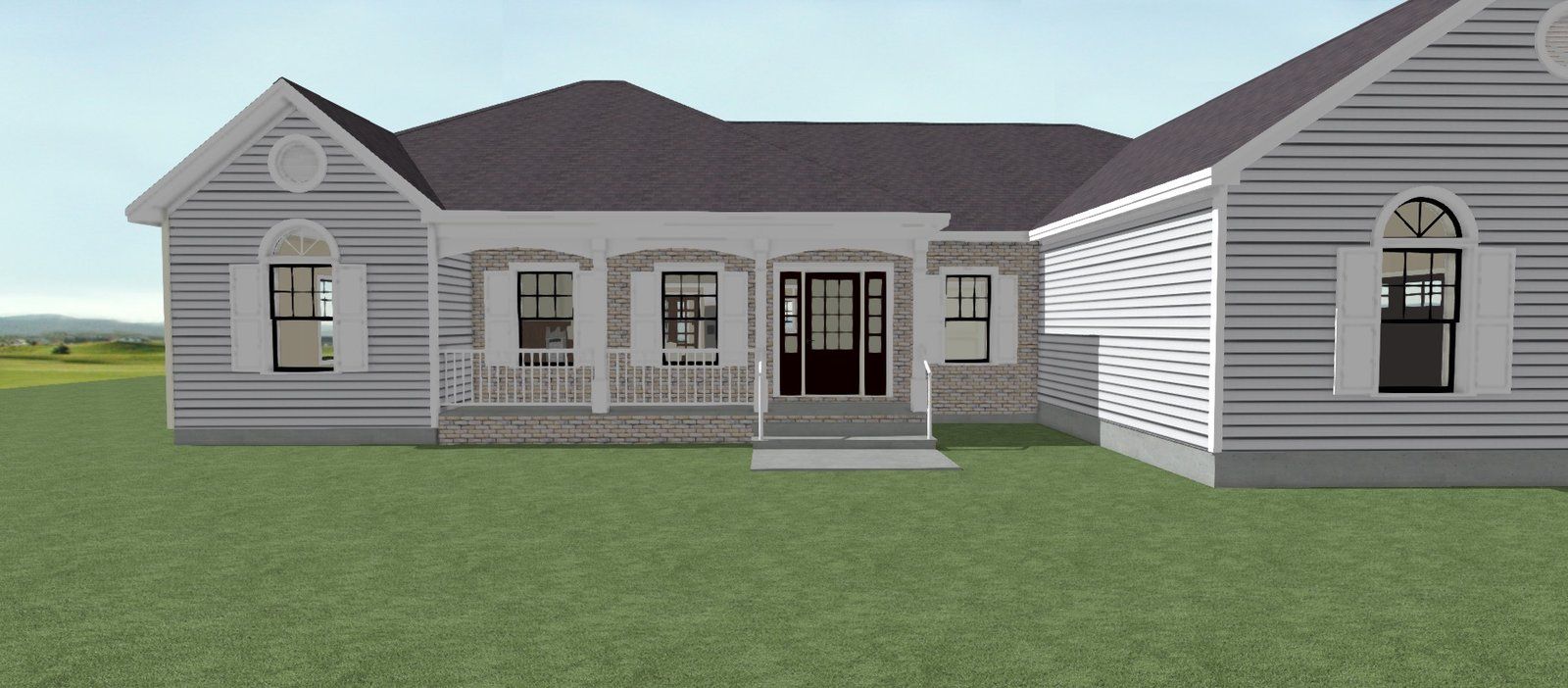 Front view of a gray suburban house with white trim and a covered porch