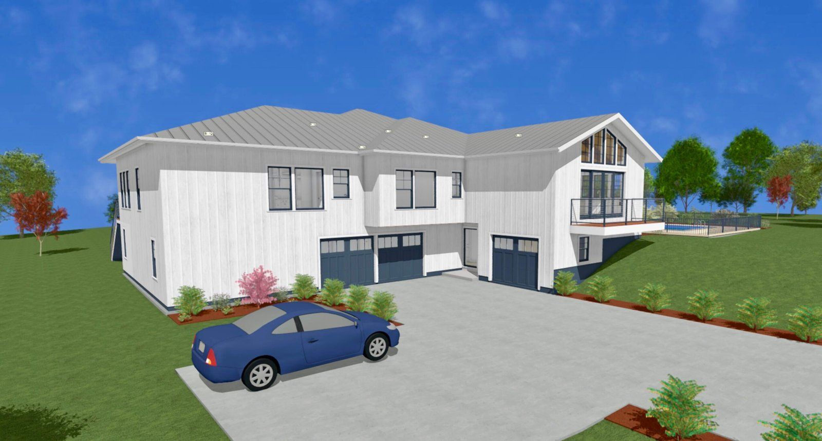 Two-story white house with gray roof and a blue car parked in the driveway