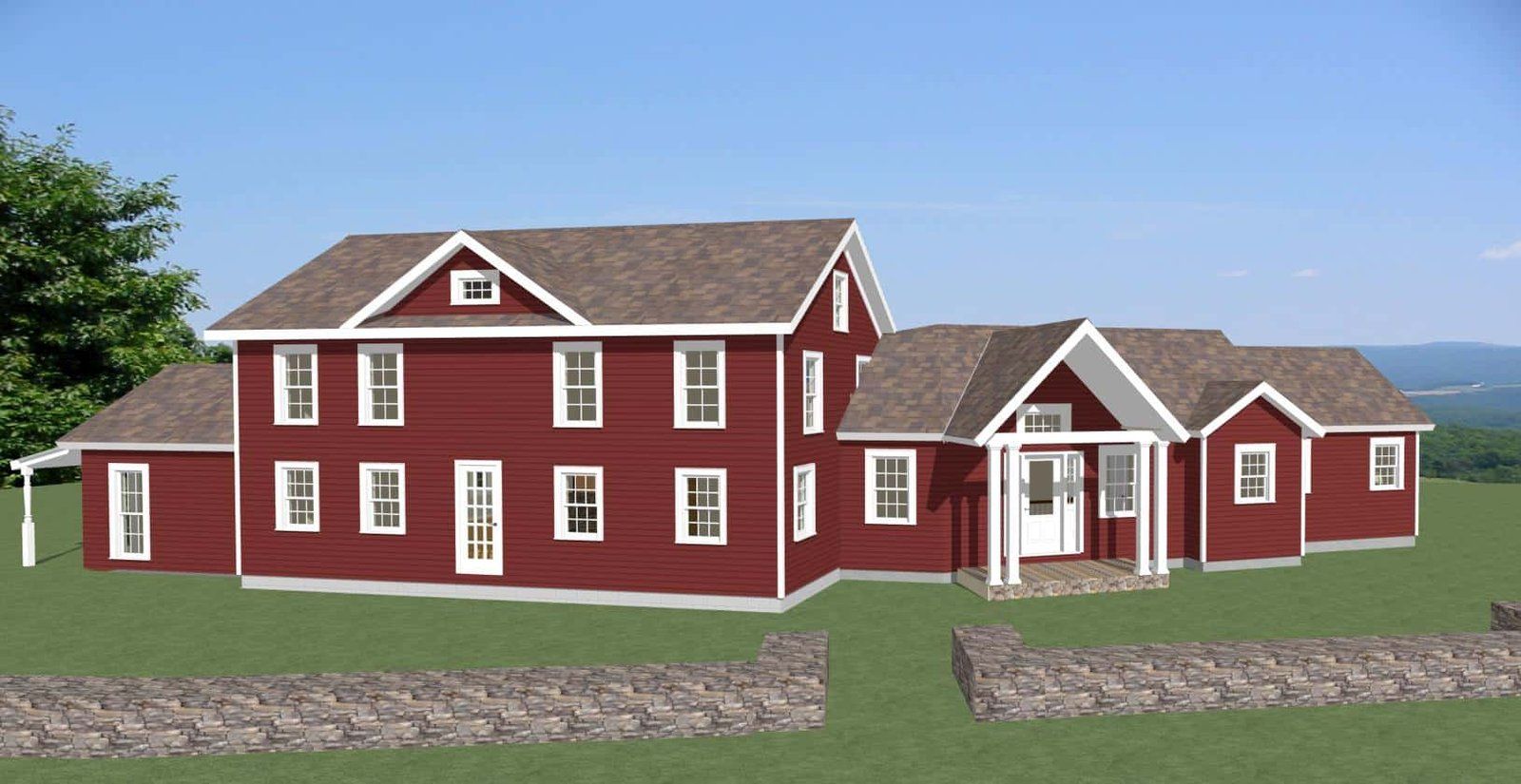 Red two-story house with white trim, attached wings, and a stone path in a grassy yard under a blue sky