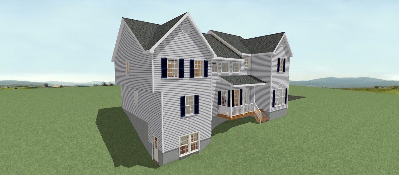 3D-rendered white two-story house with dark shutters and a front porch on a grassy lot