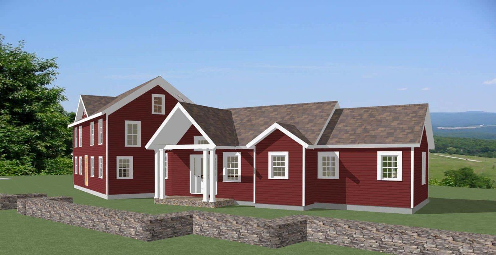 Red house with white trim and a stone walkway, set in a grassy rural landscape.