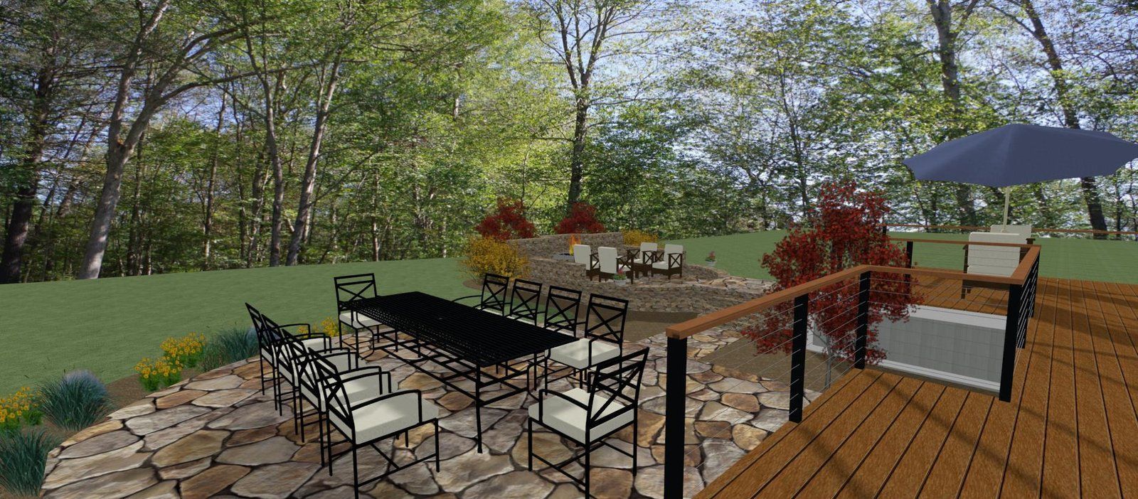 Wooden deck with black patio furniture, umbrella, and leafy backyard trees beyond a railing