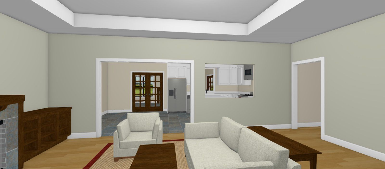 Bright living room with white sofas, wooden coffee table, fireplace, and open doorway to a hall
