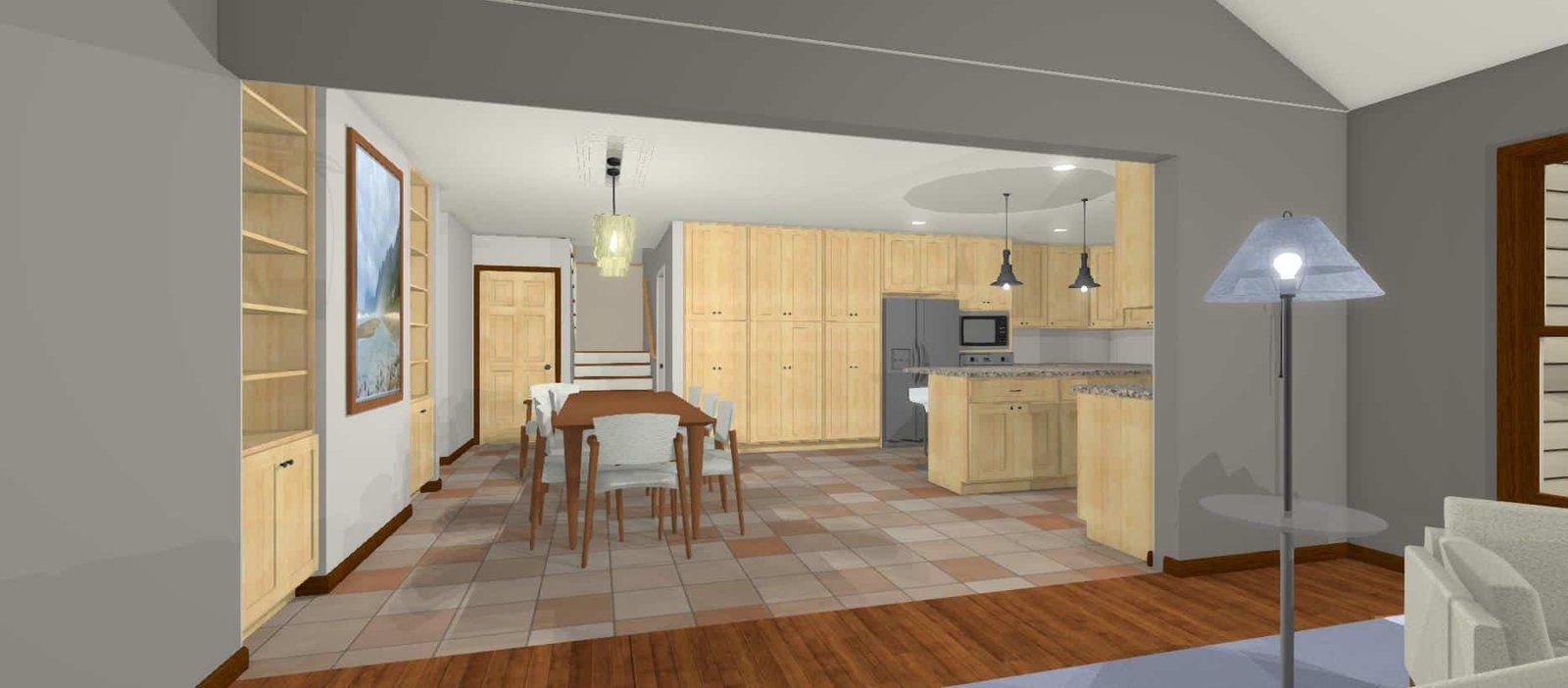 Modern open-plan kitchen and dining area with wood floors, light cabinets, and gray walls